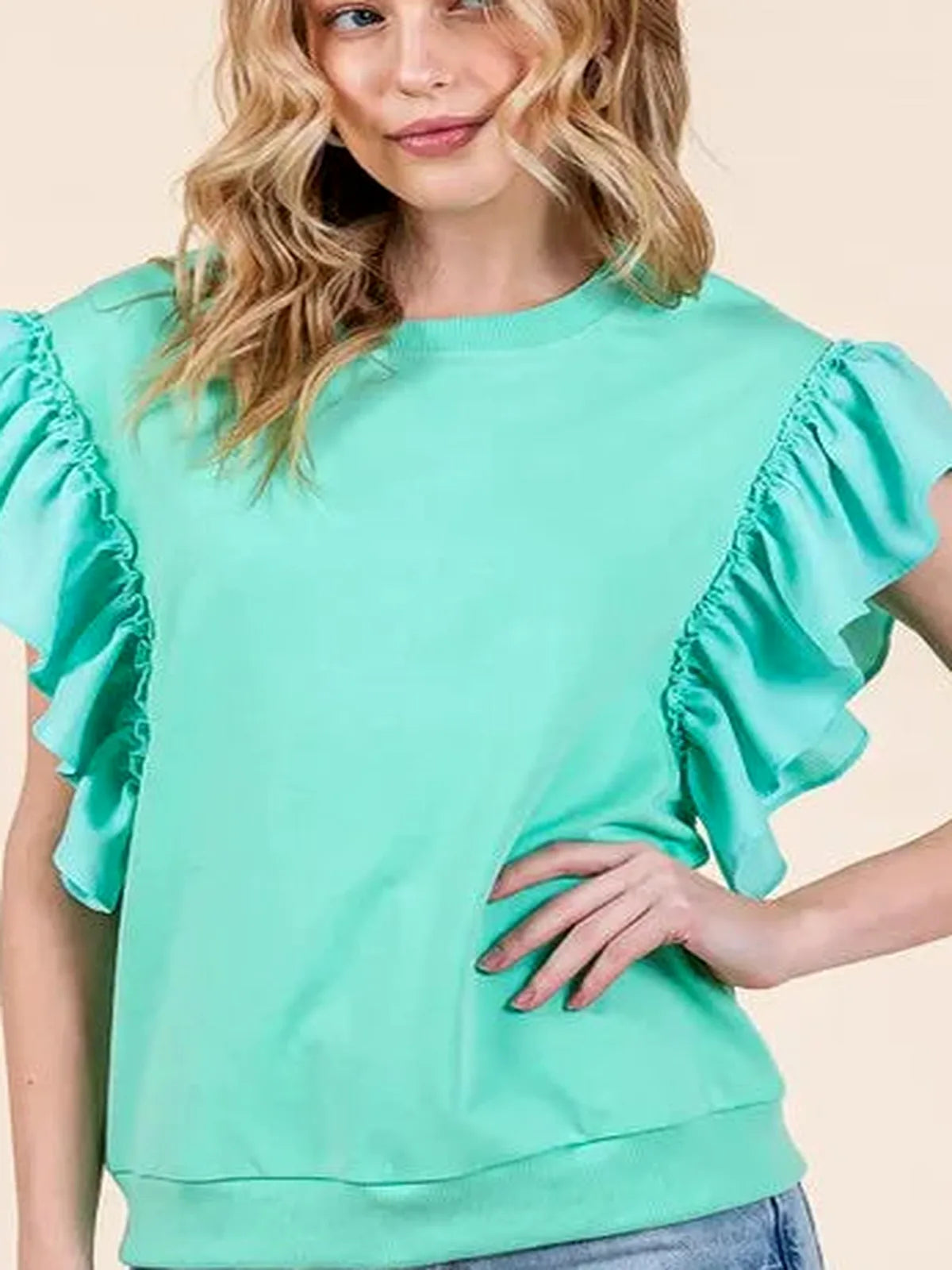 Solid Shoulder Ruffle Detail Round Neck Top — detail view — Livostyle