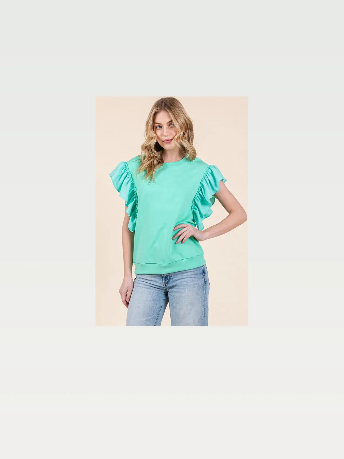 Solid Shoulder Ruffle Detail Round Neck Top — styled showcase — Livostyle