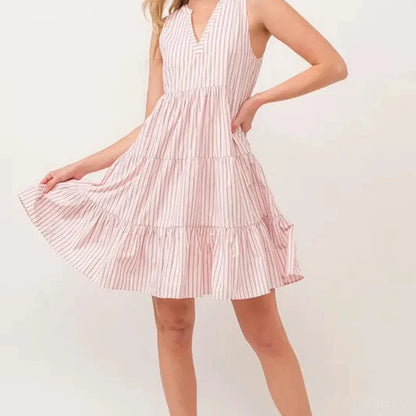 Striped Sleeveless V-Neck Tiered Dress — square view — Livostyle