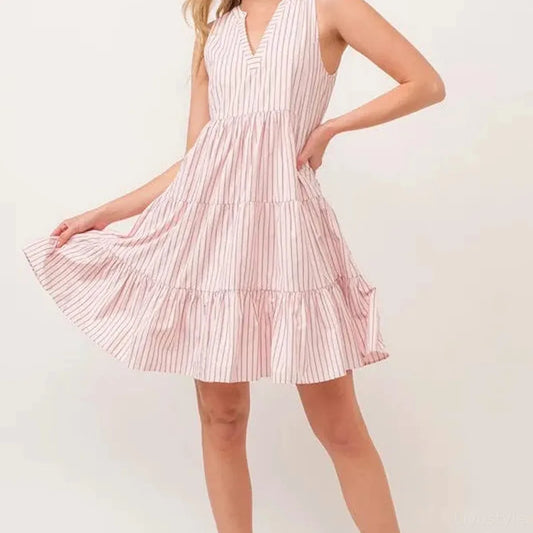Striped Sleeveless V-Neck Tiered Dress — square view — Livostyle