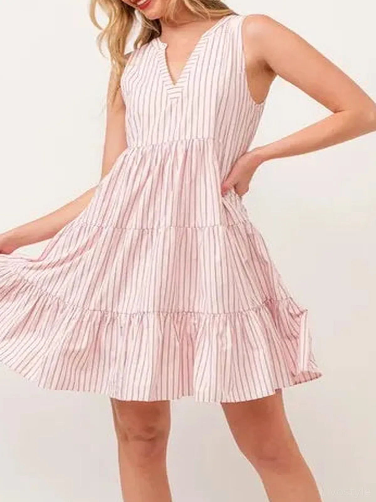 Striped Sleeveless V-Neck Tiered Dress — detail view — Livostyle