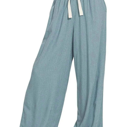 Linen Drawstring Pants in BLUE GREY — square view — Livostyle