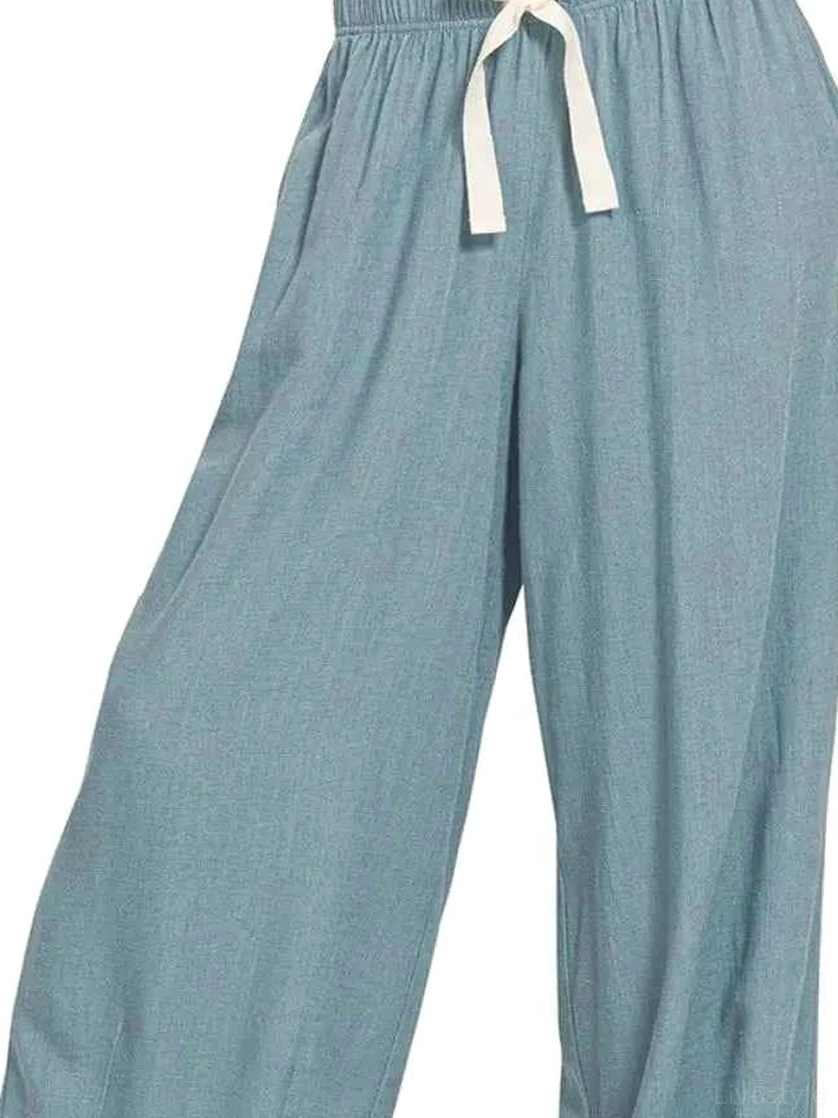 Linen Drawstring Pants in BLUE GREY — detail view — Livostyle