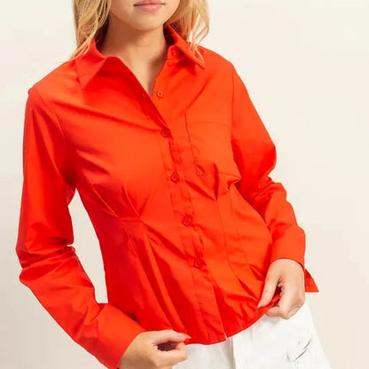 Elegant Long Sleeve Poplin Shirt with Pleated Waist — square view — Livostyle