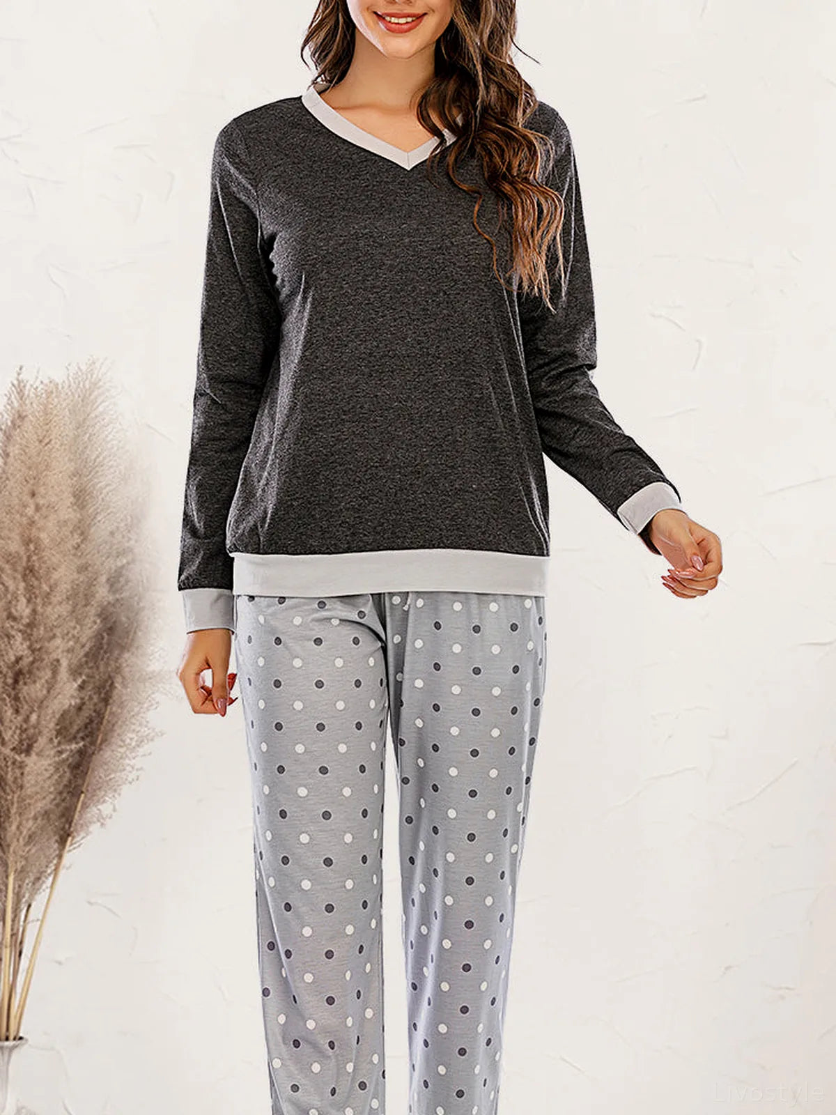 Long Sleeve Top and Polka Dot Pants Set — detail view — Livostyle