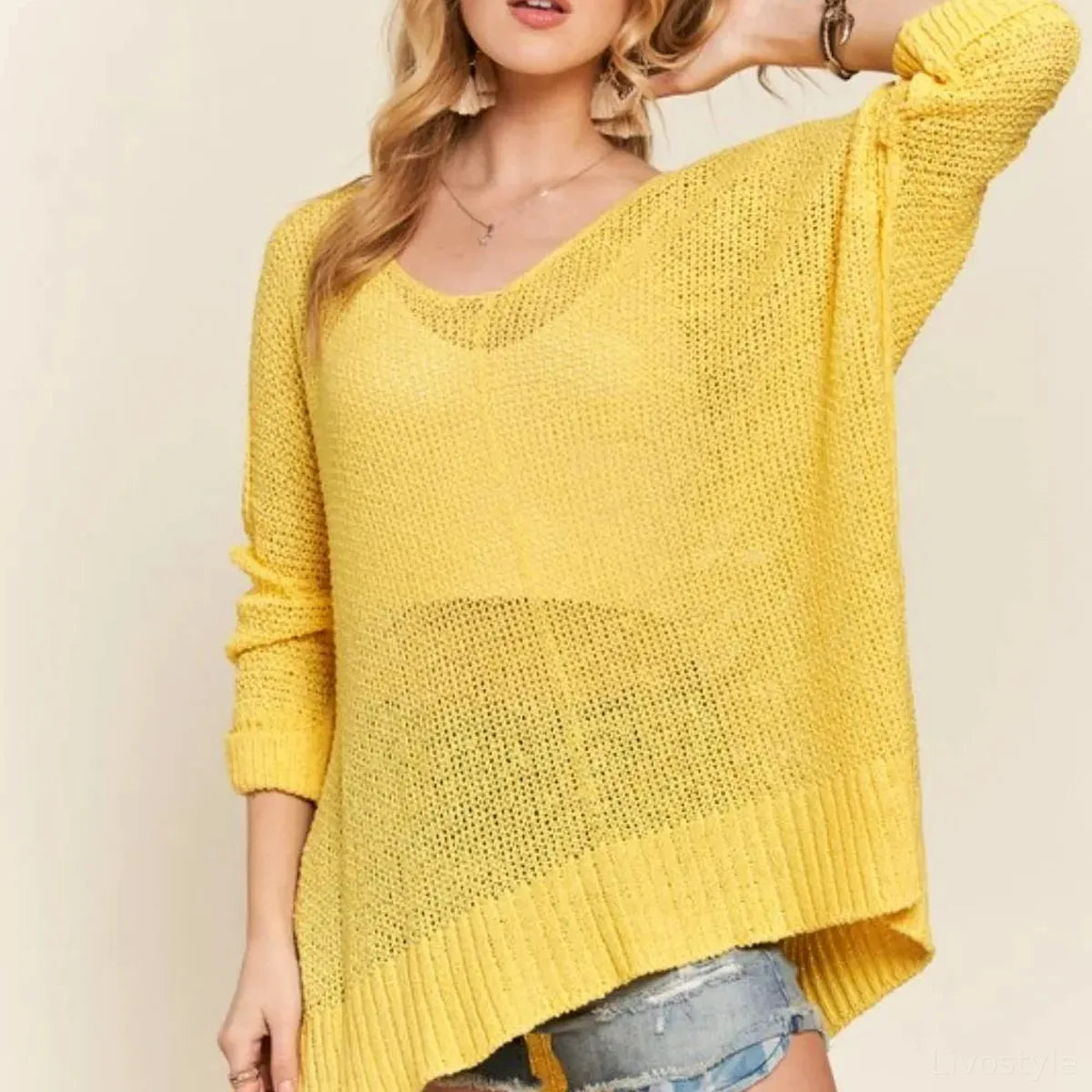 Chic Loose Fit Sweater Top with High-Low Slit — square view — Livostyle