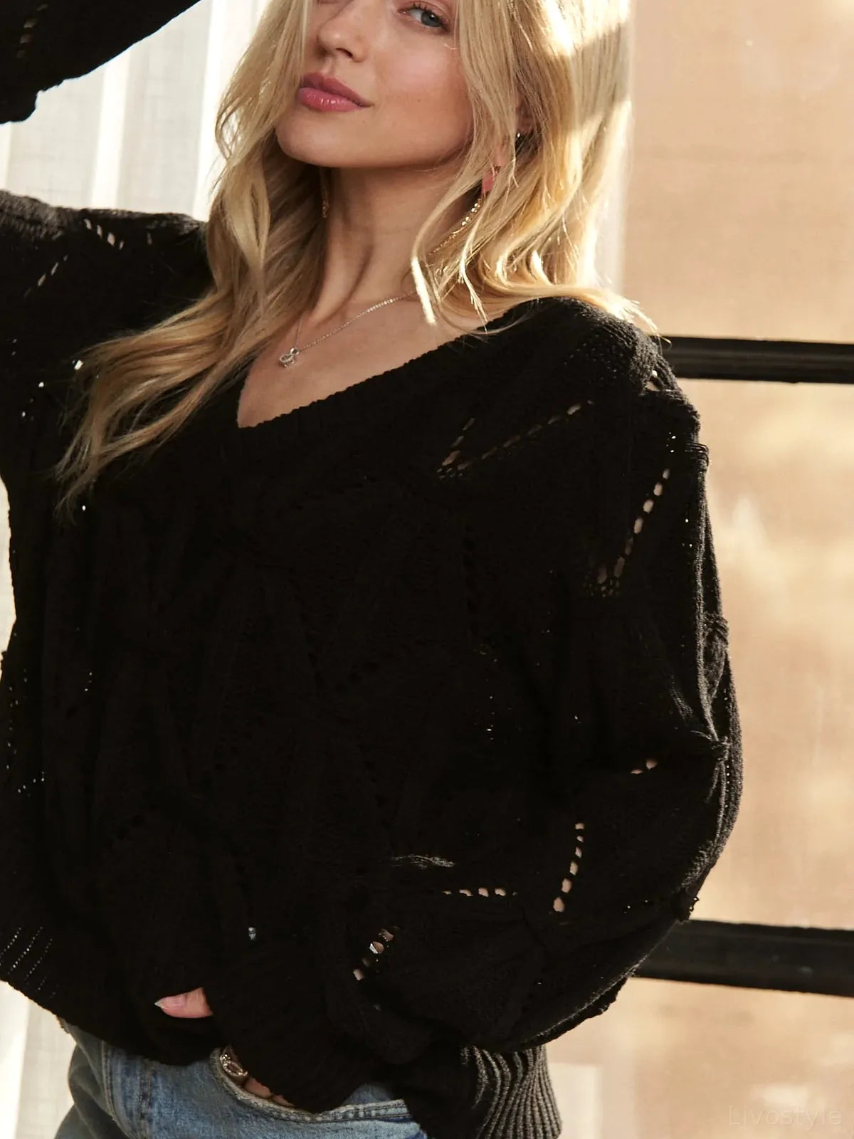Cozy Cable-Knit V Neck Top, Loose Fit — detail view — Livostyle