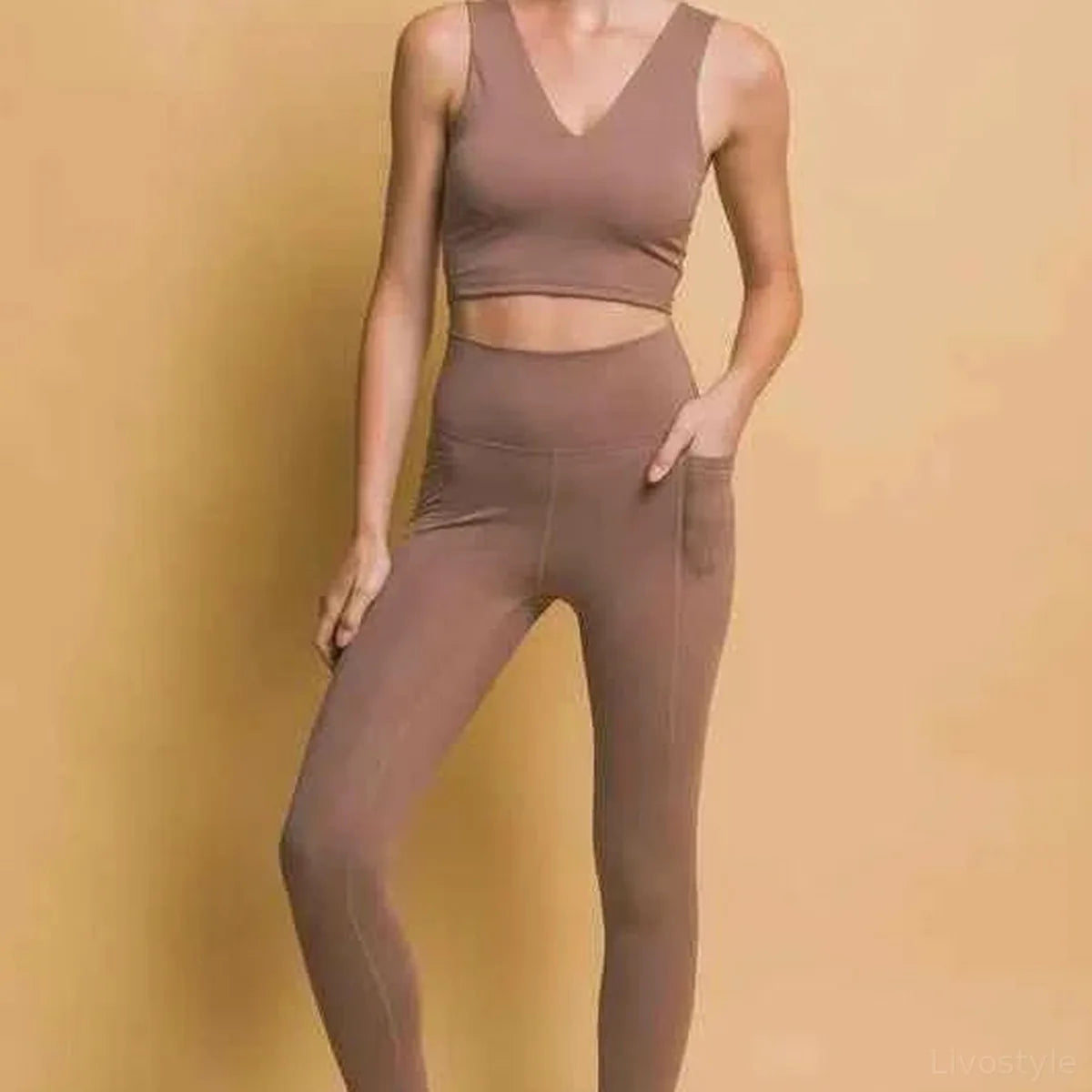 Taupe High Waist Leggings with Side Pockets — square view — Livostyle