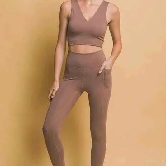 Taupe High Waist Leggings with Side Pockets — square view — Livostyle