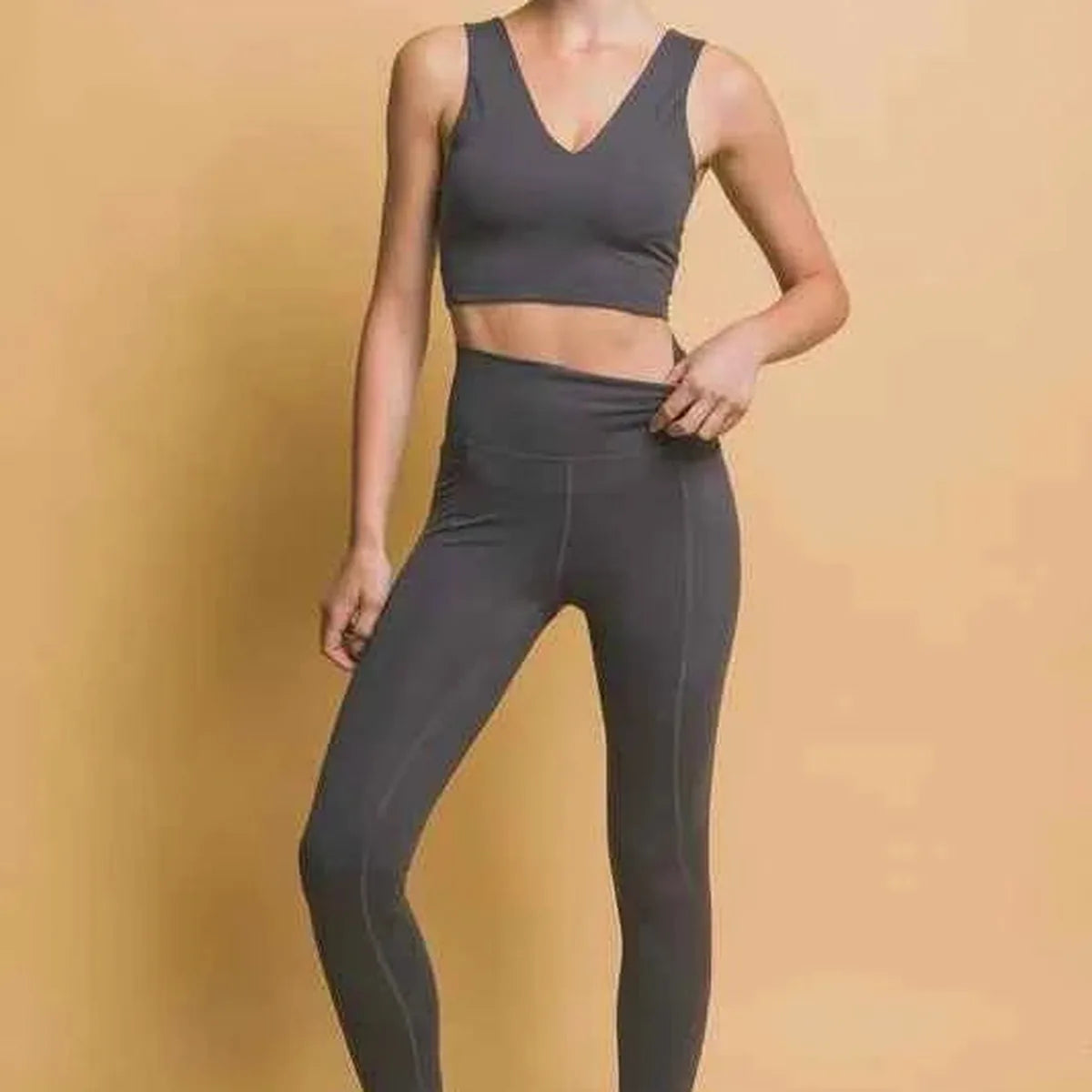 Dark Gray High Waist Leggings with Side Pockets — square view — Livostyle