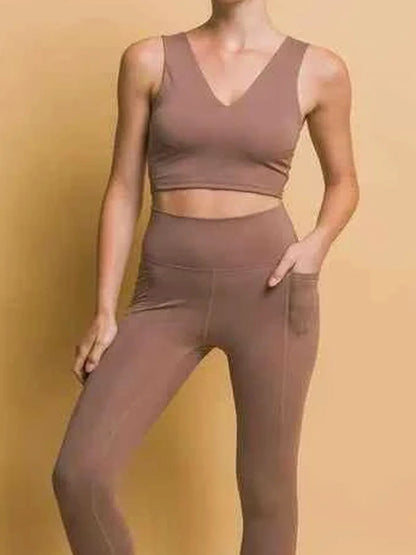 Taupe High Waist Leggings with Side Pockets — detail view — Livostyle