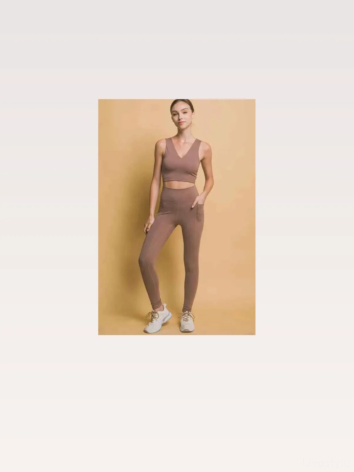 Taupe High Waist Leggings with Side Pockets — styled showcase — Livostyle