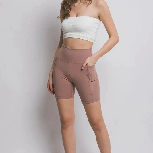 High Waist Seam Detail Active Shorts in Taupe — square view — Livostyle