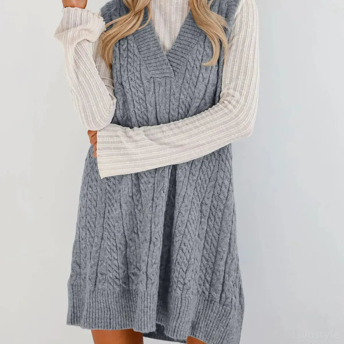 Cable Knit V-Neck Mini Sweater Overall Dress