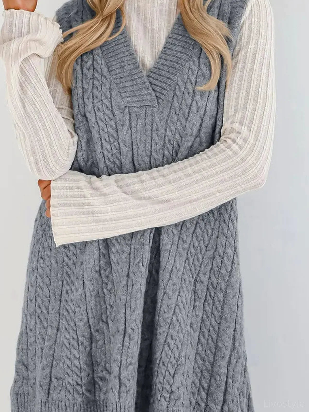 Cable Knit V-Neck Mini Sweater Overall Dress – photo 2