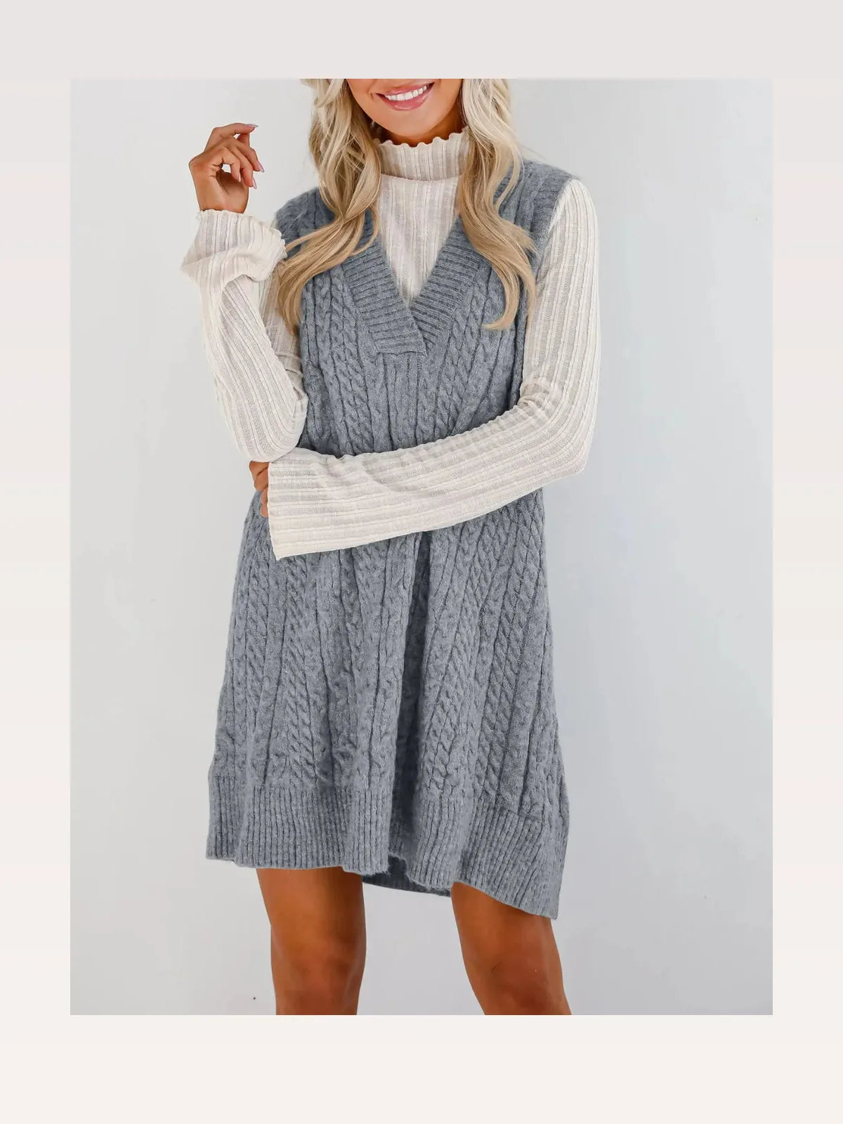 Cable Knit V-Neck Mini Sweater Overall Dress – photo 3