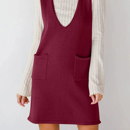 Burgundy Black Pinafore Sweater Overall Mini Dress — square view — Livostyle