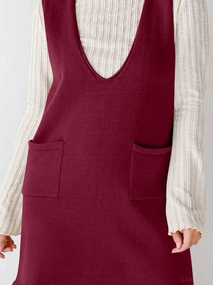 Burgundy Black Pinafore Sweater Overall Mini Dress — detail view — Livostyle
