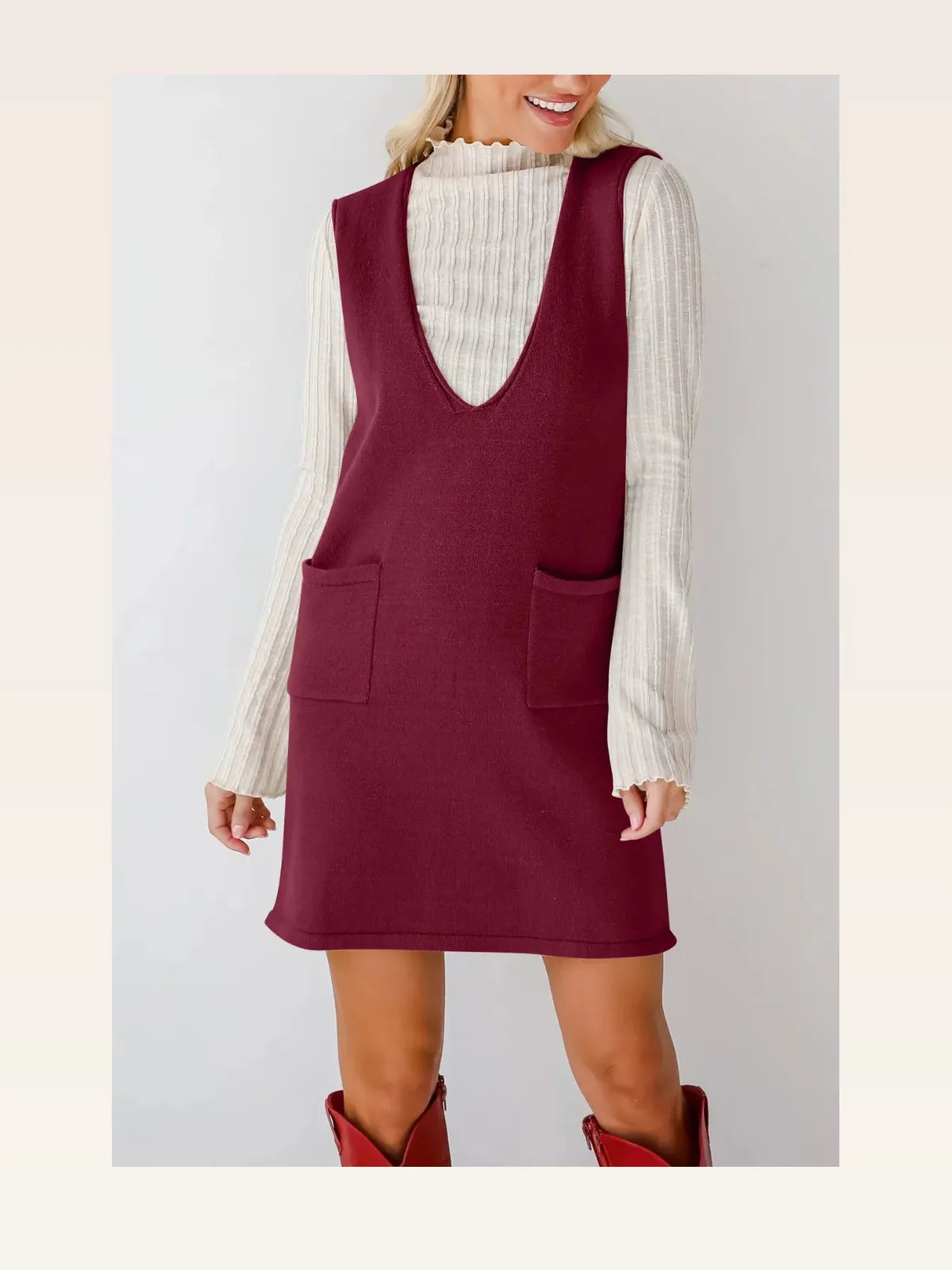 Burgundy Black Pinafore Sweater Overall Mini Dress — styled showcase — Livostyle