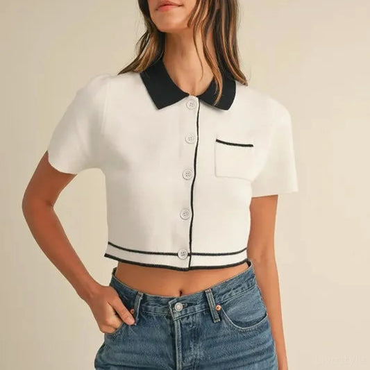Button Down Contrast Collared Knit Cardigan in Cream — square view — Livostyle