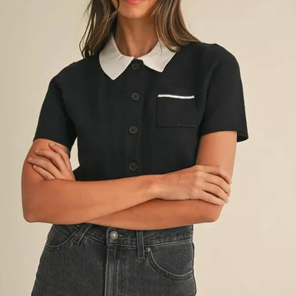 Button Down Contrast Collared Knit Cardigan in Black — square view — Livostyle