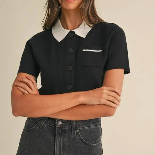 Button Down Contrast Collared Knit Cardigan in Black — square view — Livostyle