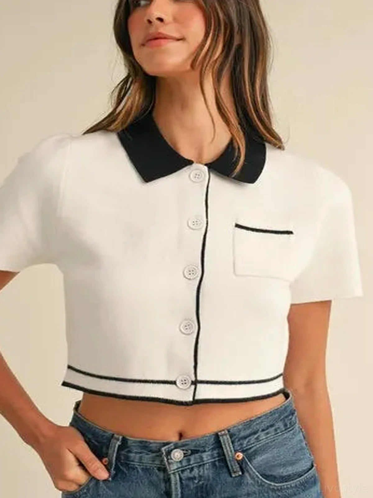 Button Down Contrast Collared Knit Cardigan in Cream — detail view — Livostyle