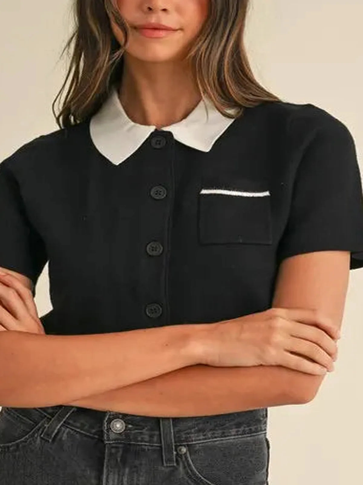 Button Down Contrast Collared Knit Cardigan in Black — detail view — Livostyle