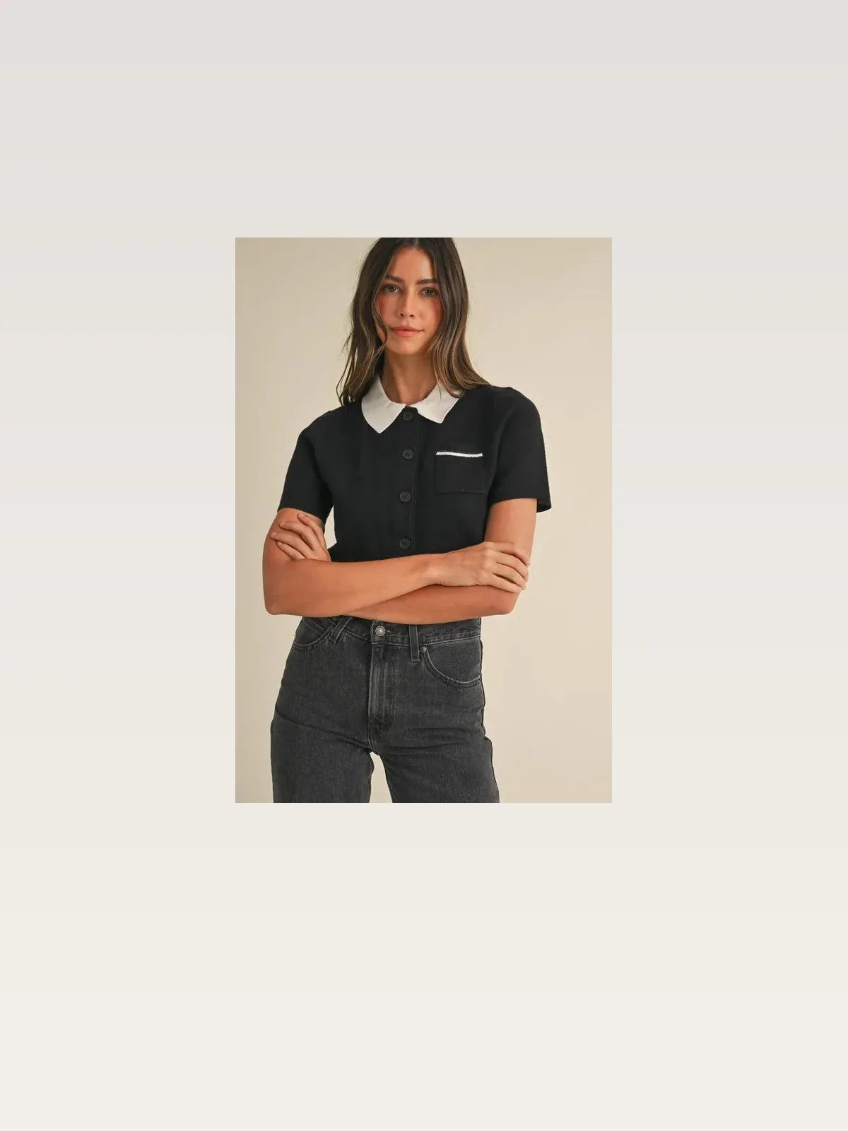Button Down Contrast Collared Knit Cardigan in Black — styled showcase — Livostyle