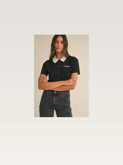 Button Down Contrast Collared Knit Cardigan in Black — styled showcase — Livostyle