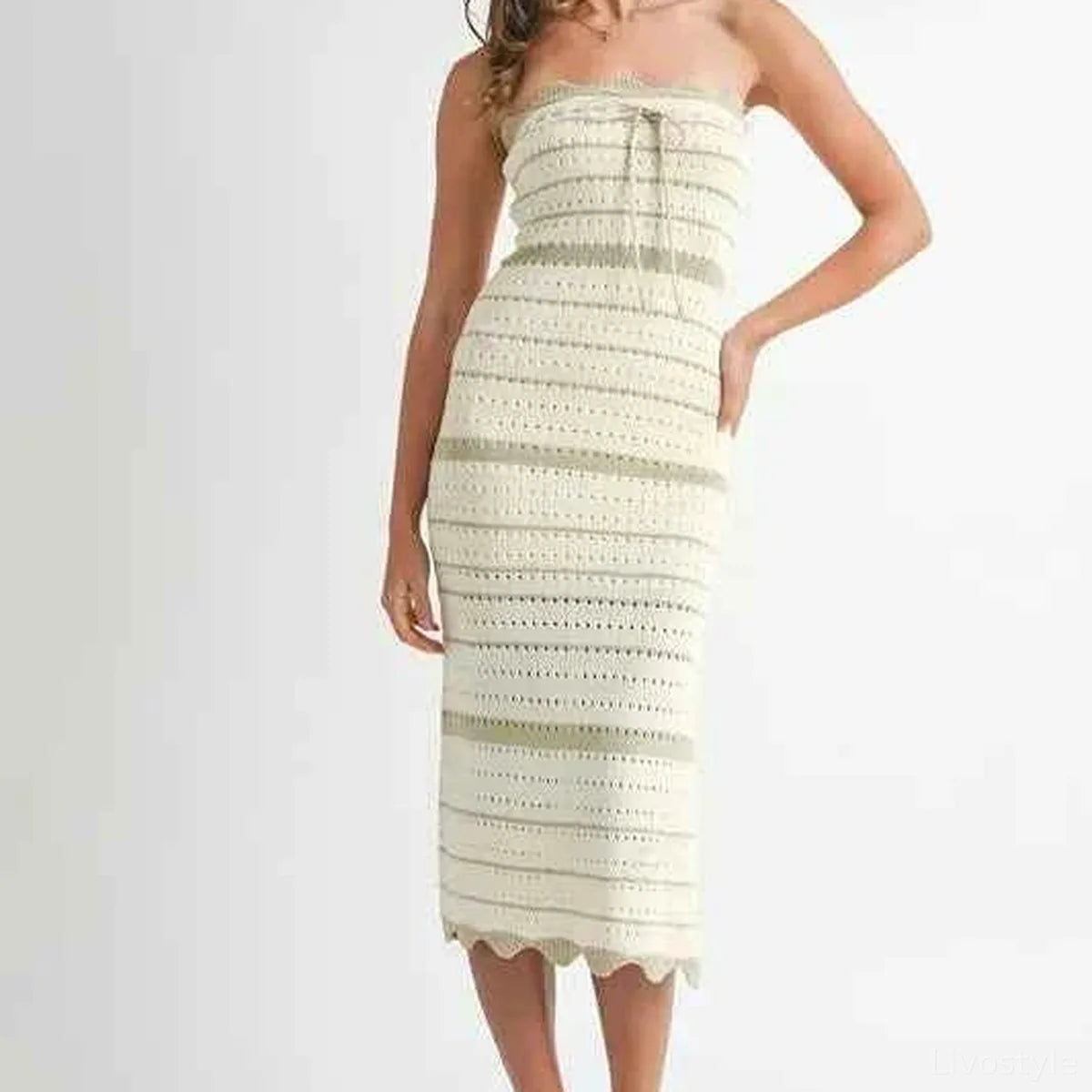 Contrast Striped Crochet Knit Midi Dress with Side Slit