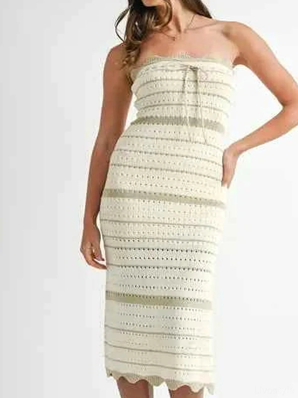 Contrast Striped Crochet Knit Midi Dress with Side Slit – photo 3