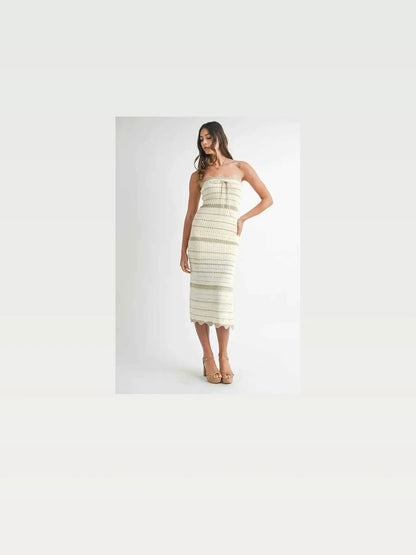 Contrast Striped Crochet Knit Midi Dress with Side Slit – photo 2
