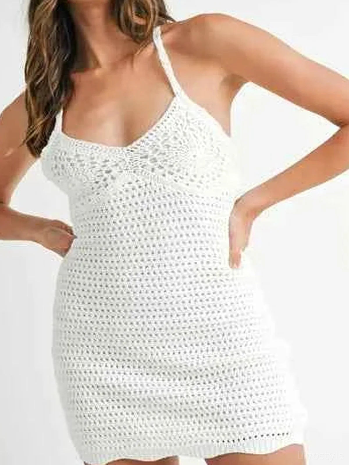 Crochet Crisscross Spaghetti Strap Mini Dress — detail view — Livostyle