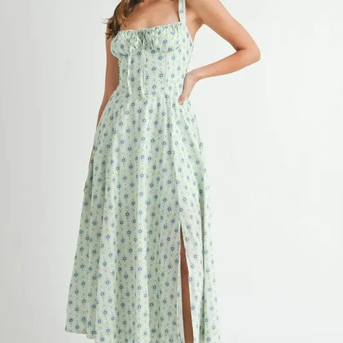 Floral Print Bustier Back Lace Up Midi Dress — square view — Livostyle