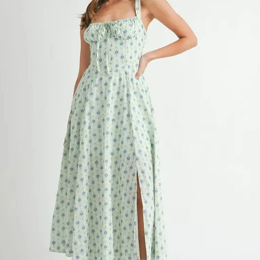 Floral Print Bustier Back Lace Up Midi Dress — square view — Livostyle