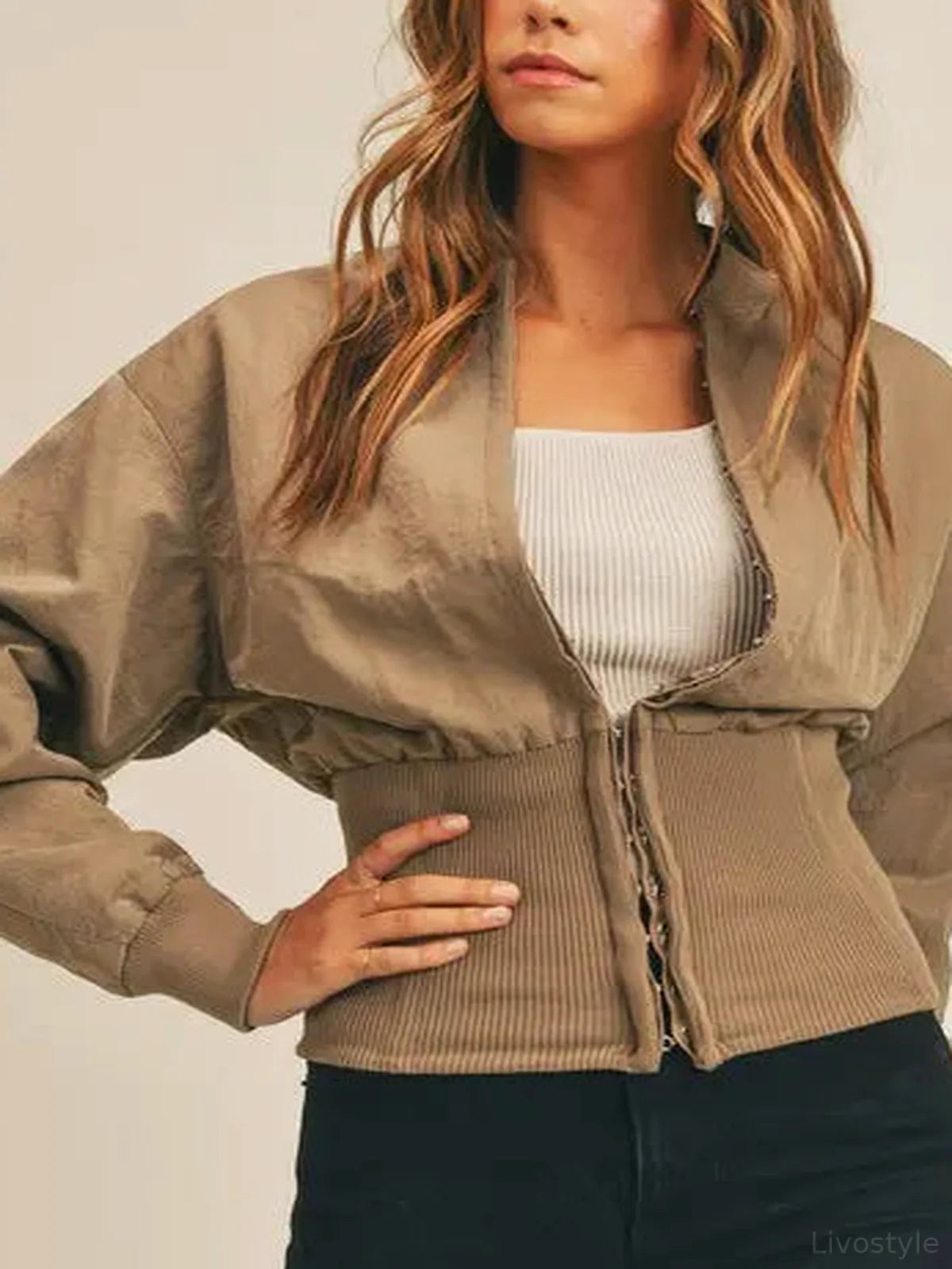 Long Sleeve Two Way Jacket in Mocha — detail view — Livostyle