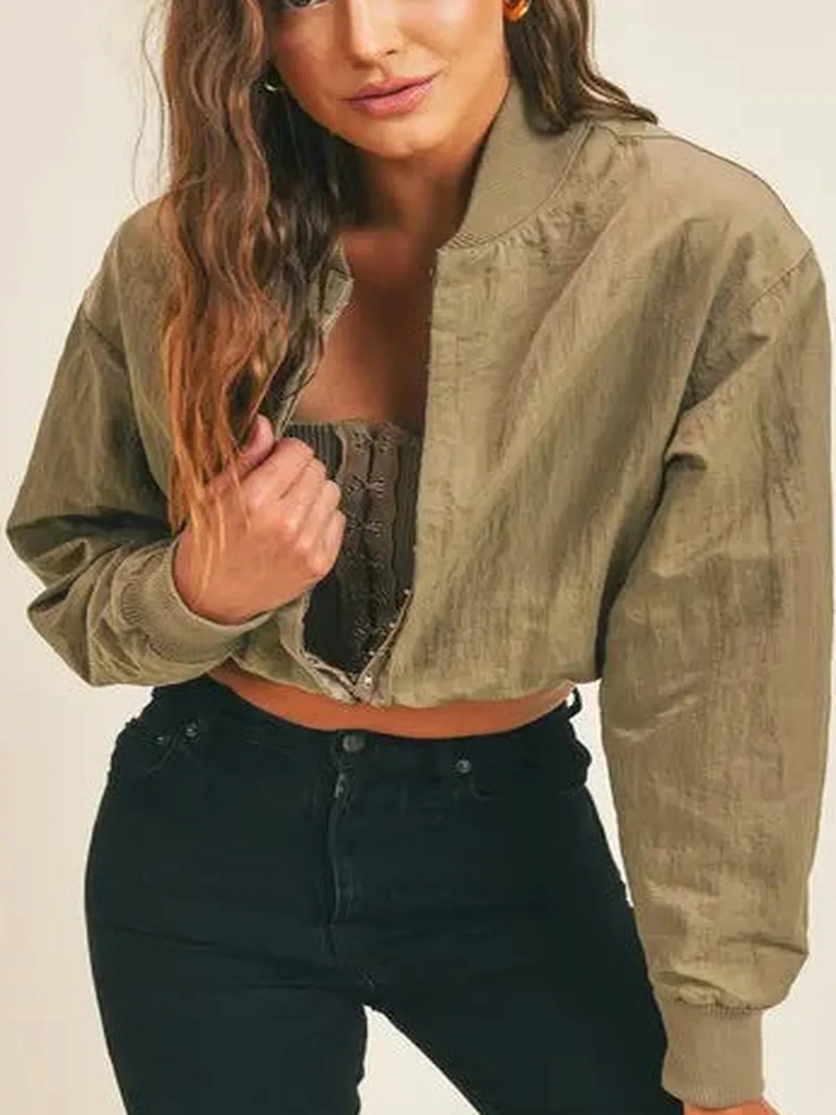 Long Sleeve Two Way Jacket in Olive — detail view — Livostyle