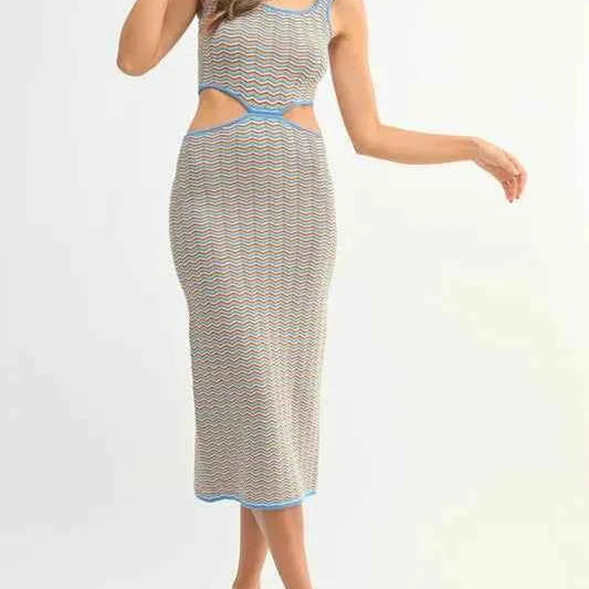 Multi Color Chevron Knit Bodycon Midi Dress — square view — Livostyle