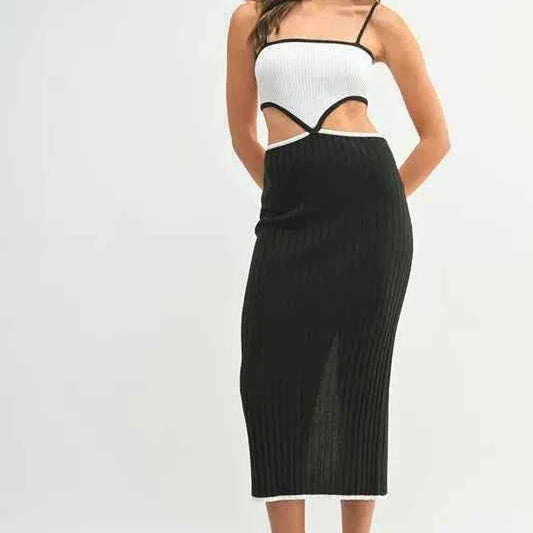 Black Ribbed Knit Color Block Cutout Midi Dress — square view — Livostyle