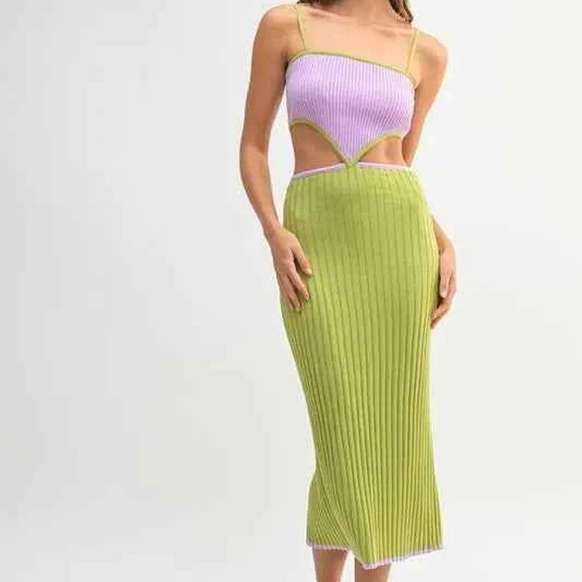 Lime Ribbed Knit Color Block Cutout Midi Dress — square view — Livostyle