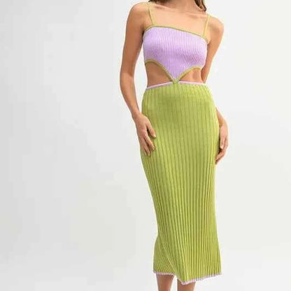 Lime Ribbed Knit Color Block Cutout Midi Dress — square view — Livostyle