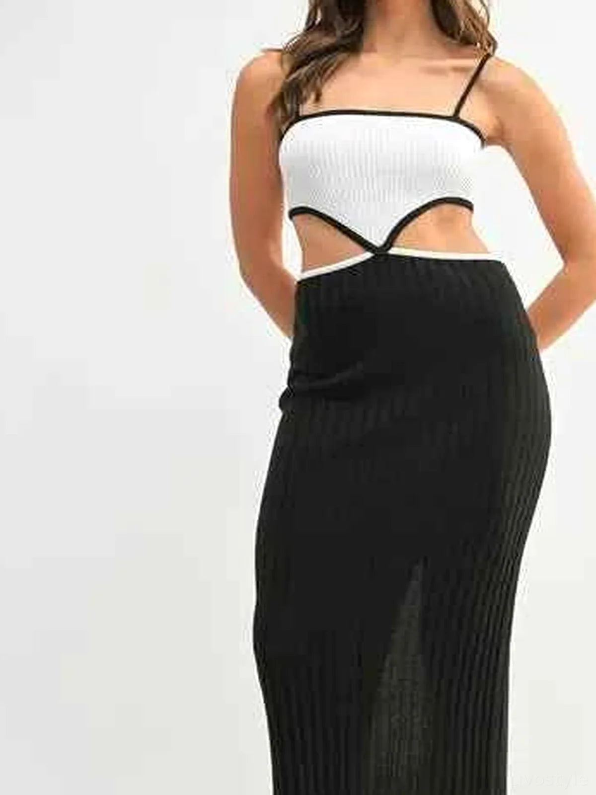 Black Ribbed Knit Color Block Cutout Midi Dress — detail view — Livostyle