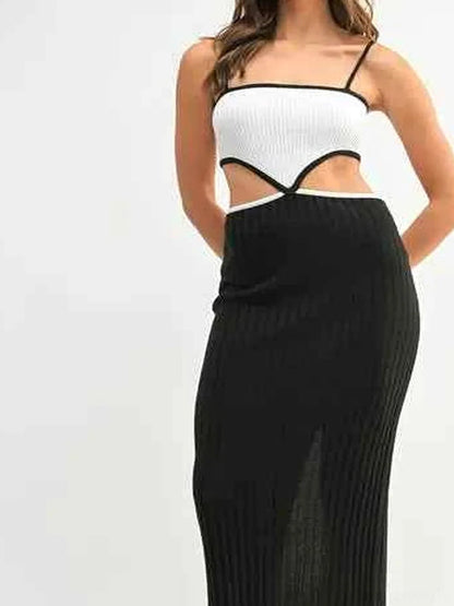 Black Ribbed Knit Color Block Cutout Midi Dress — detail view — Livostyle