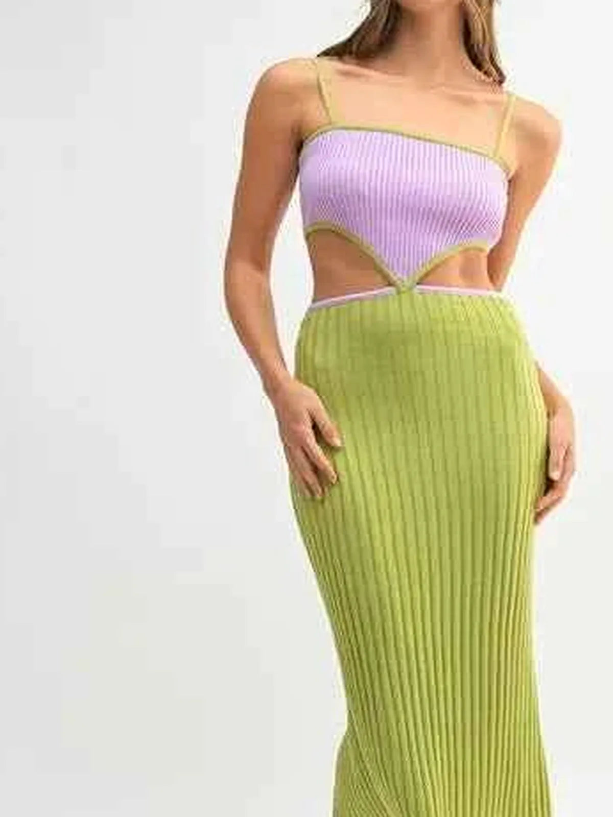 Lime Ribbed Knit Color Block Cutout Midi Dress — detail view — Livostyle