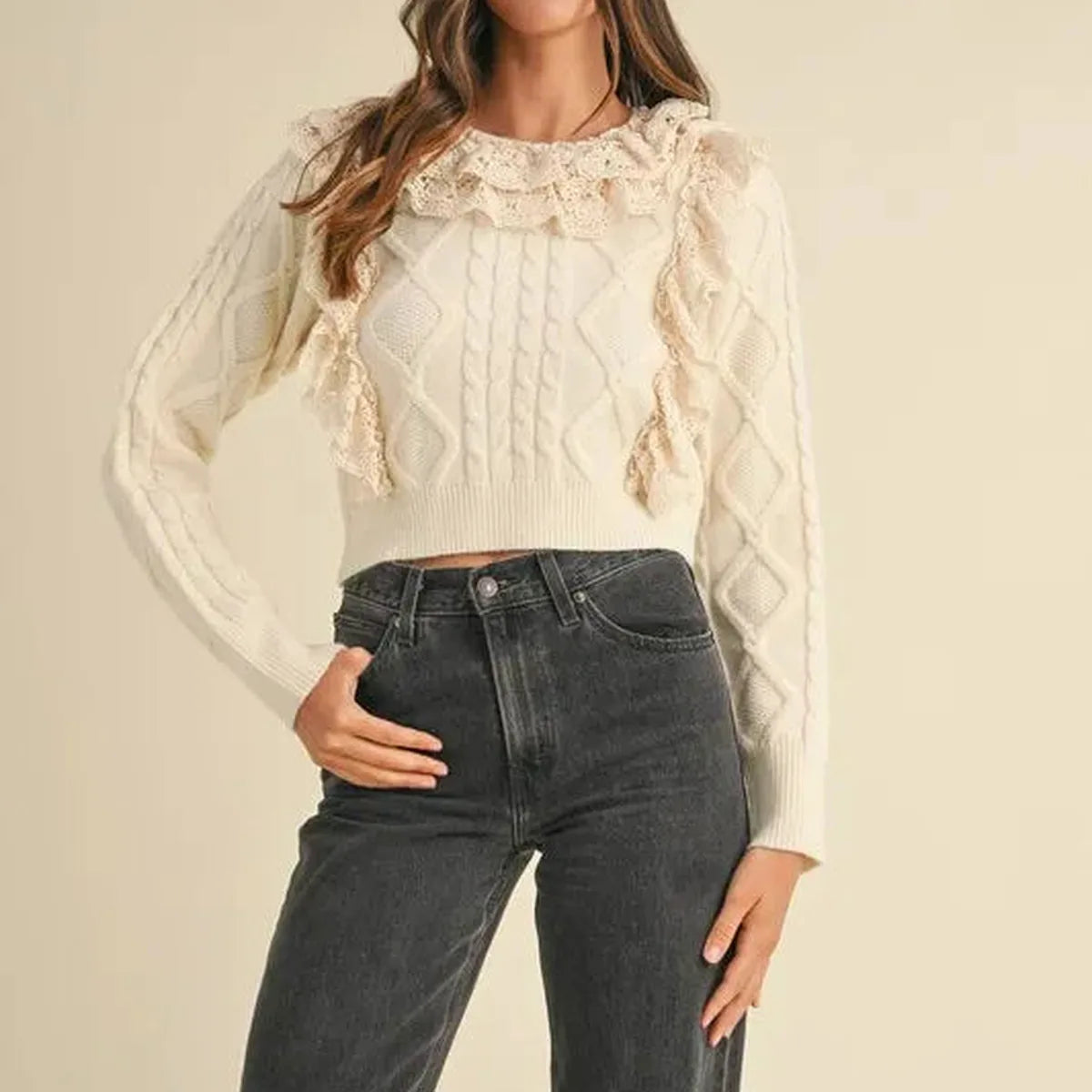 Ruffled Lace Crochet Sweater — square view — Livostyle