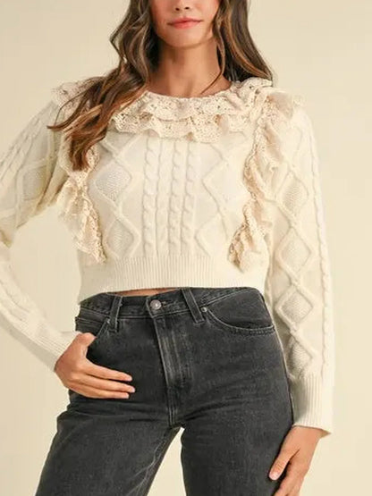 Ruffled Lace Crochet Sweater — detail view — Livostyle