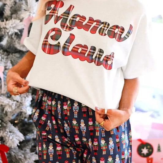 Mama Claus Plaid Letter Tee and Nutcracker Shorts 2pcs Loung — square view — Livostyle