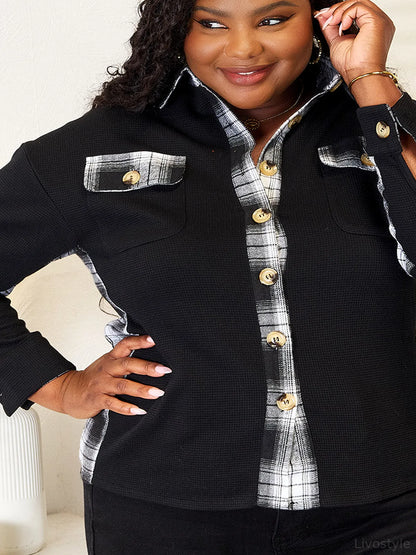 Plaid Collared Dropped Shoulder Jacket — detail view — Livostyle