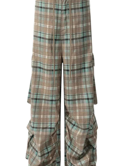 Men's Plaid Ruched Wide Leg Pants — detail view — Livostyle
